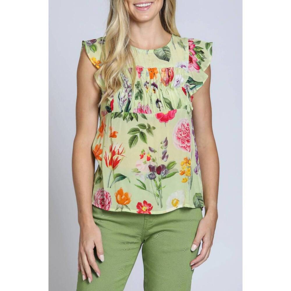 NEW APNY sleeveless flutter sleeve top in yellow multi